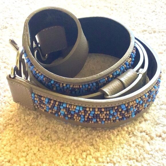 Chico's Blue Bead Faux Leather Adjustable Length Belt Silver Buckle - Picture 4 of 11